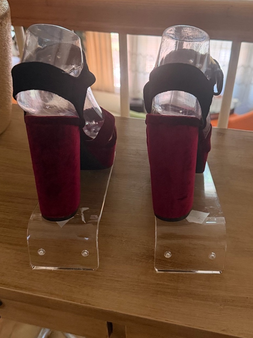 Libby. edelman Burgundy and Black Velvet Platform Block Heel Sandals - Picture 14 of 16